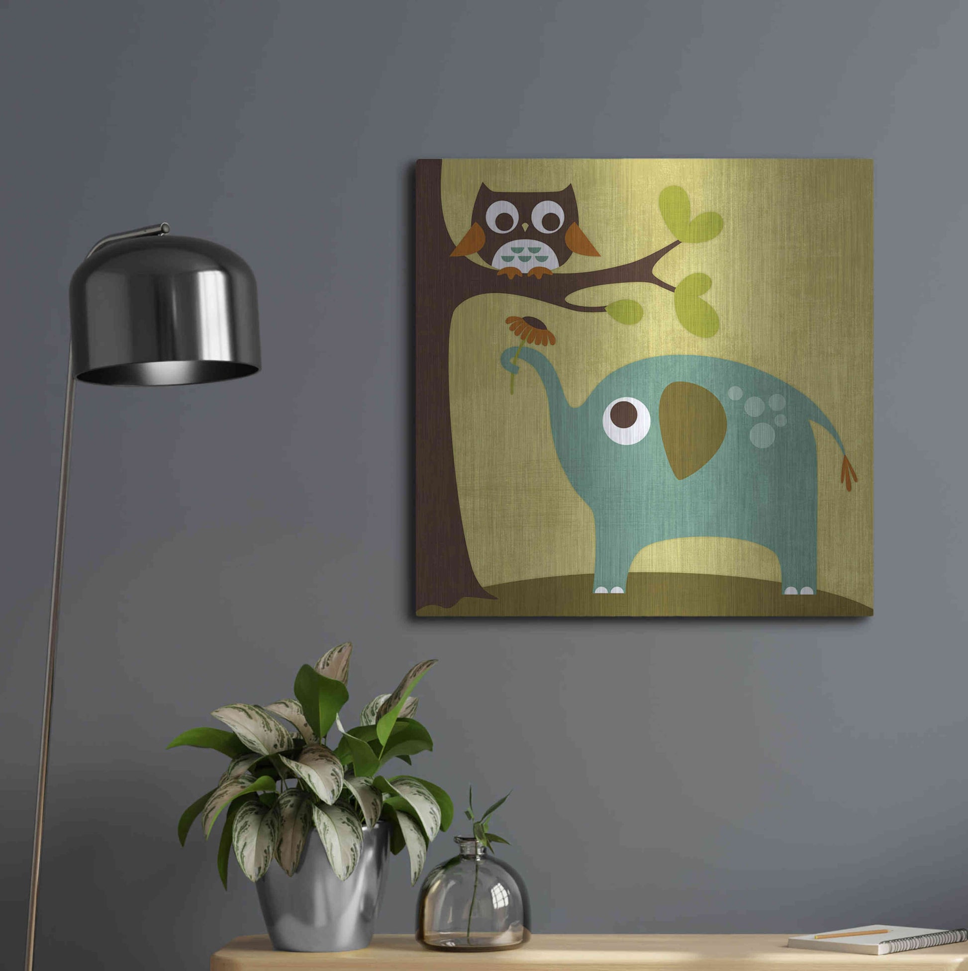 Luxe Metal Art 'Owl and Elephant' by Nancy Lee, Metal Wall Art,24x24