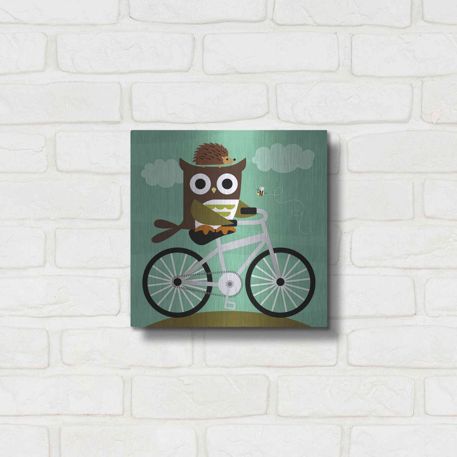 Luxe Metal Art 'Owl and Hedgehog on Bicycle' by Nancy Lee, Metal Wall Art,12x12