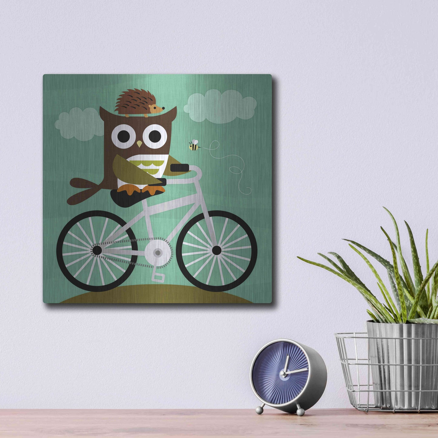 Luxe Metal Art 'Owl and Hedgehog on Bicycle' by Nancy Lee, Metal Wall Art,12x12