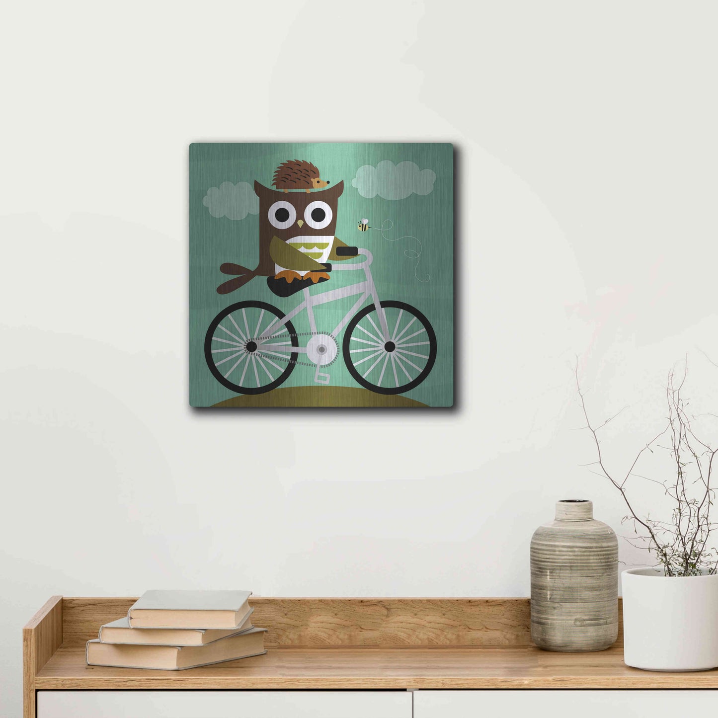 Luxe Metal Art 'Owl and Hedgehog on Bicycle' by Nancy Lee, Metal Wall Art,12x12