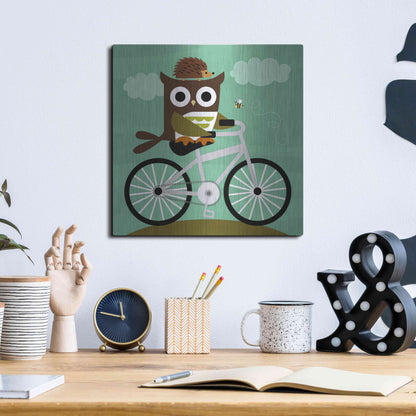 Luxe Metal Art 'Owl and Hedgehog on Bicycle' by Nancy Lee, Metal Wall Art,12x12