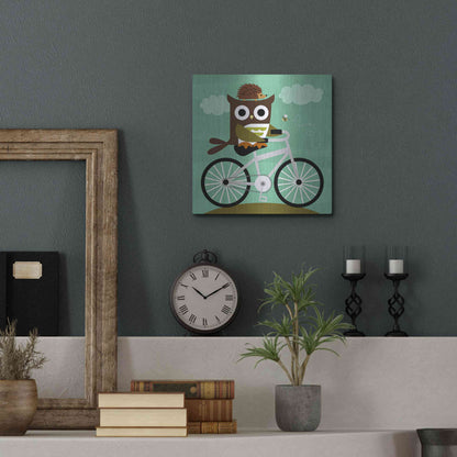 Luxe Metal Art 'Owl and Hedgehog on Bicycle' by Nancy Lee, Metal Wall Art,12x12