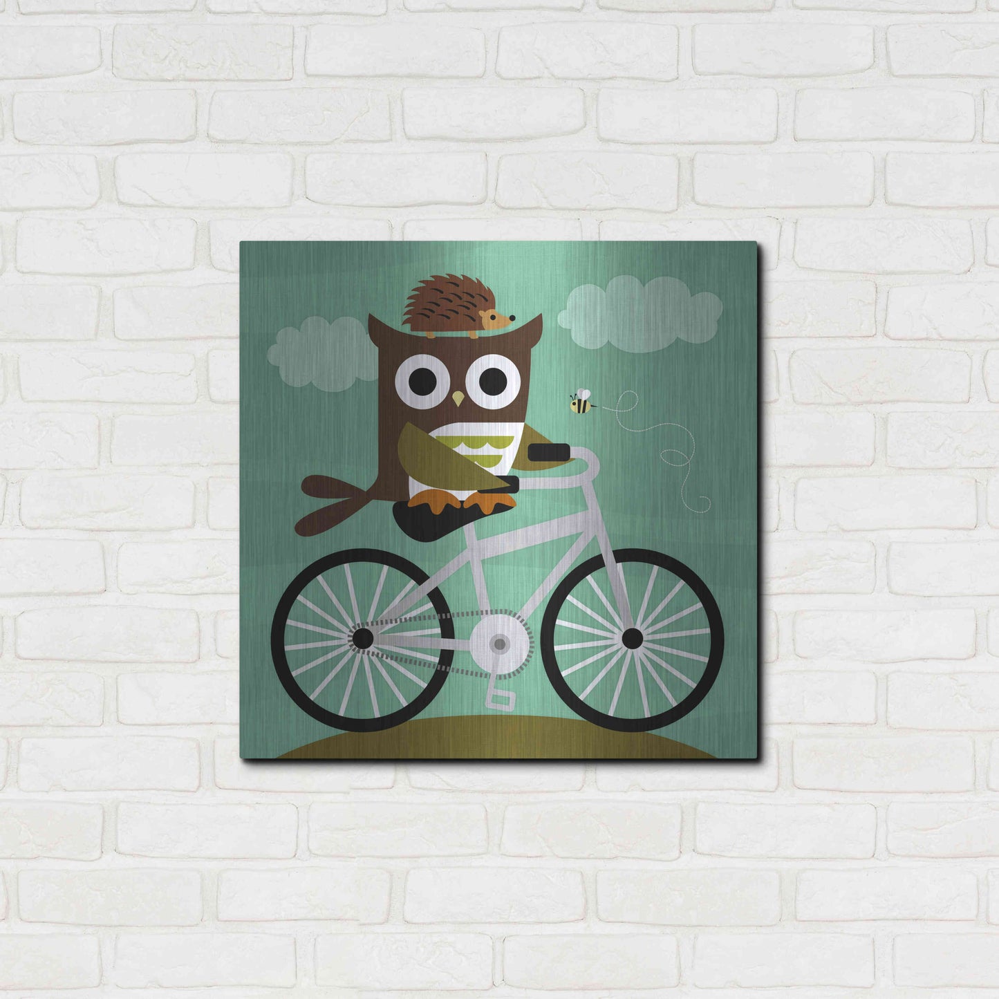 Luxe Metal Art 'Owl and Hedgehog on Bicycle' by Nancy Lee, Metal Wall Art,24x24