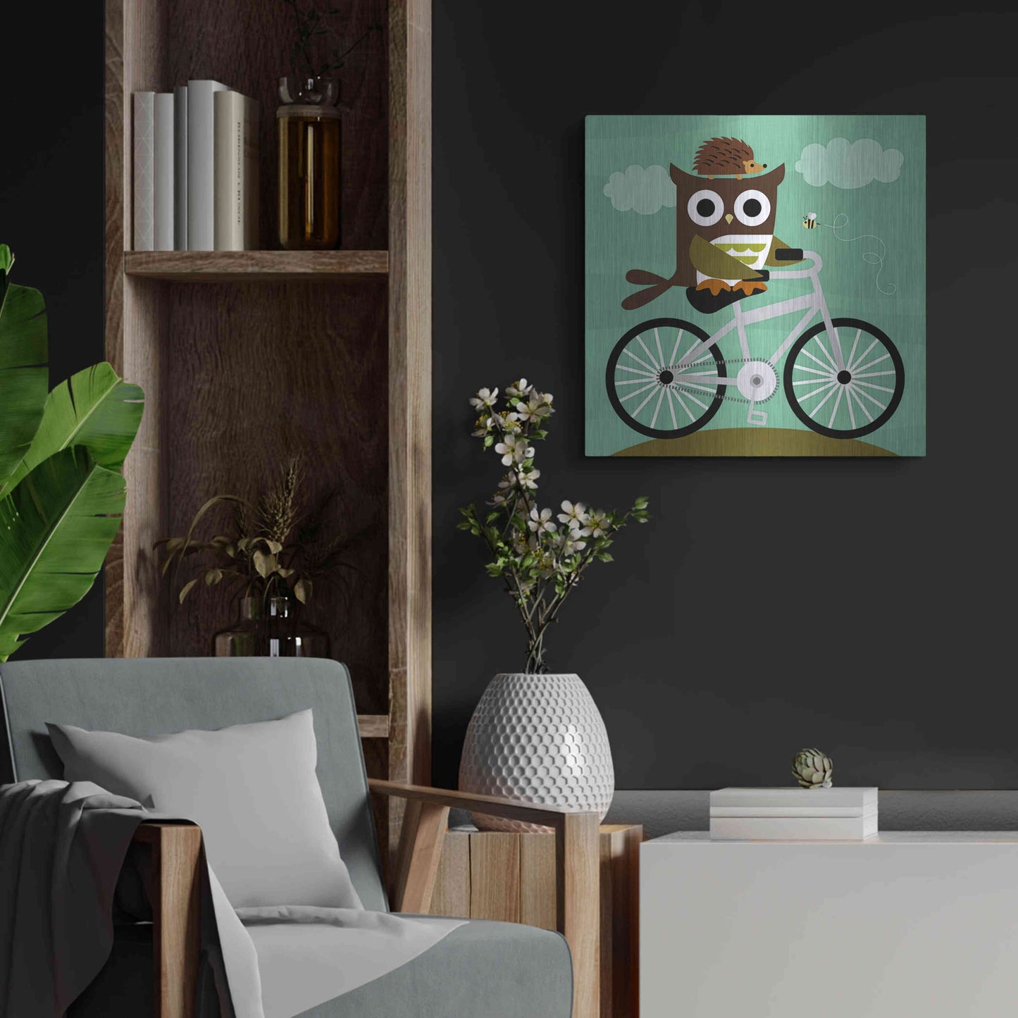 Luxe Metal Art 'Owl and Hedgehog on Bicycle' by Nancy Lee, Metal Wall Art,24x24