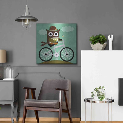 Luxe Metal Art 'Owl and Hedgehog on Bicycle' by Nancy Lee, Metal Wall Art,24x24