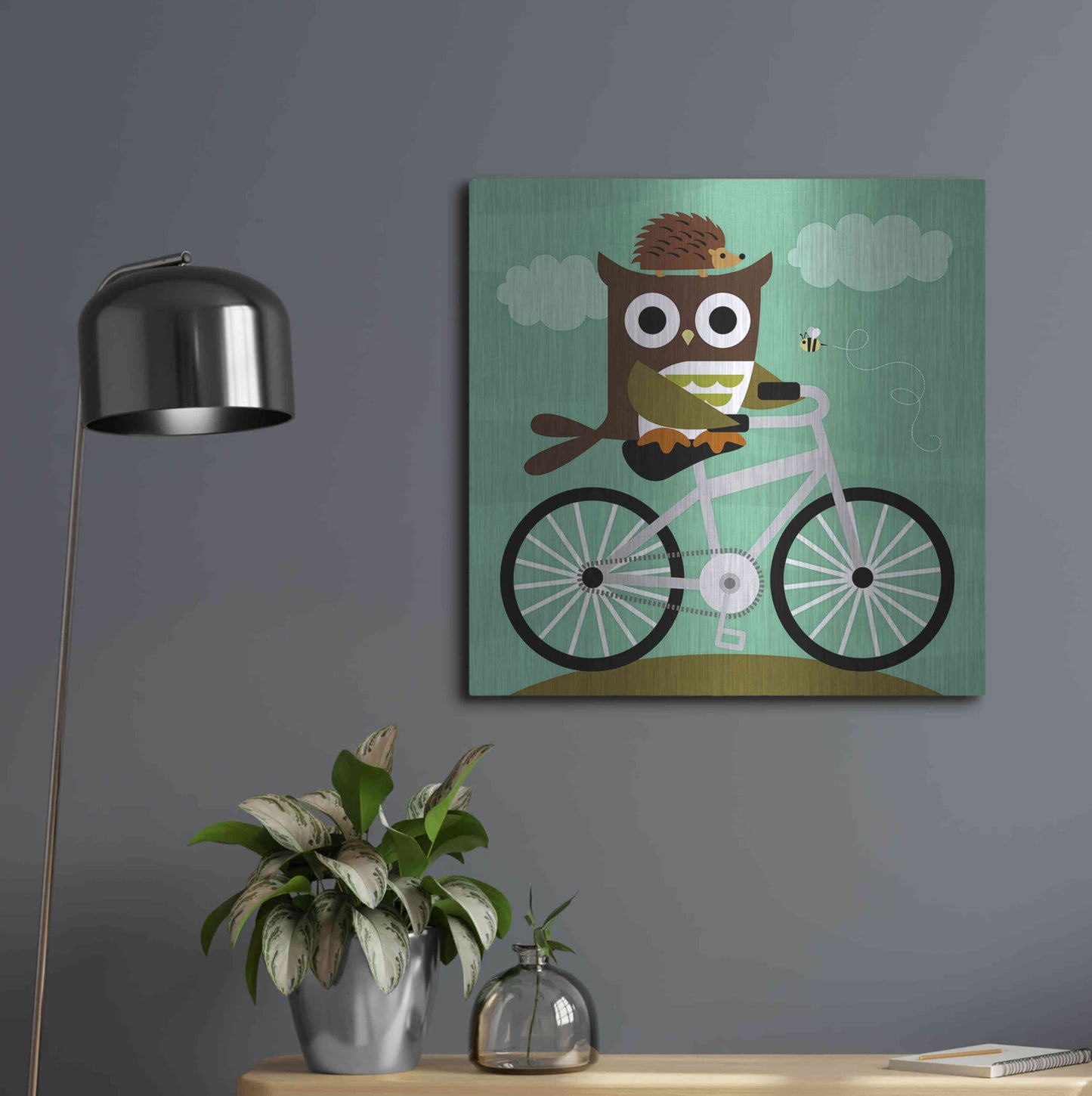 Luxe Metal Art 'Owl and Hedgehog on Bicycle' by Nancy Lee, Metal Wall Art,24x24