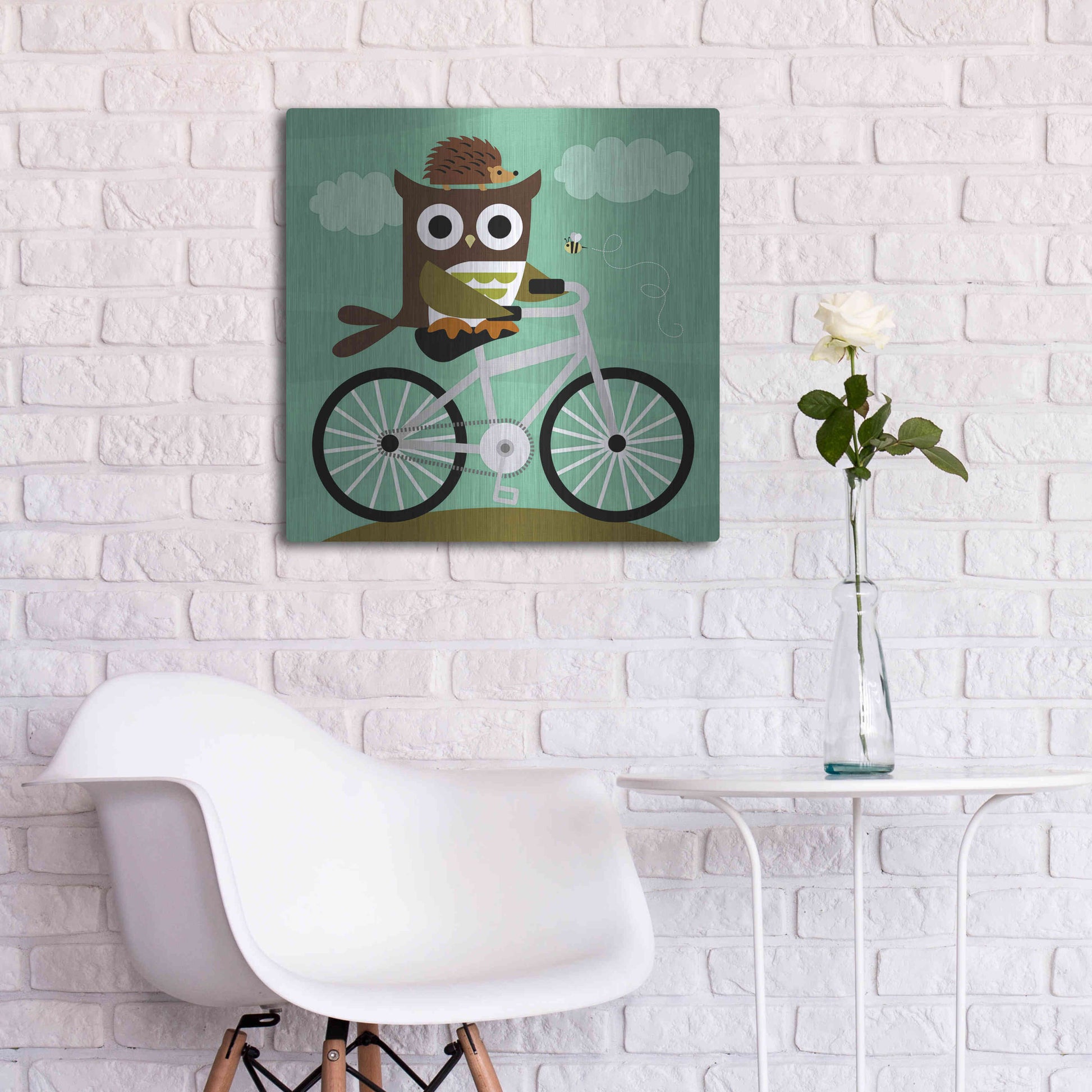 Luxe Metal Art 'Owl and Hedgehog on Bicycle' by Nancy Lee, Metal Wall Art,24x24