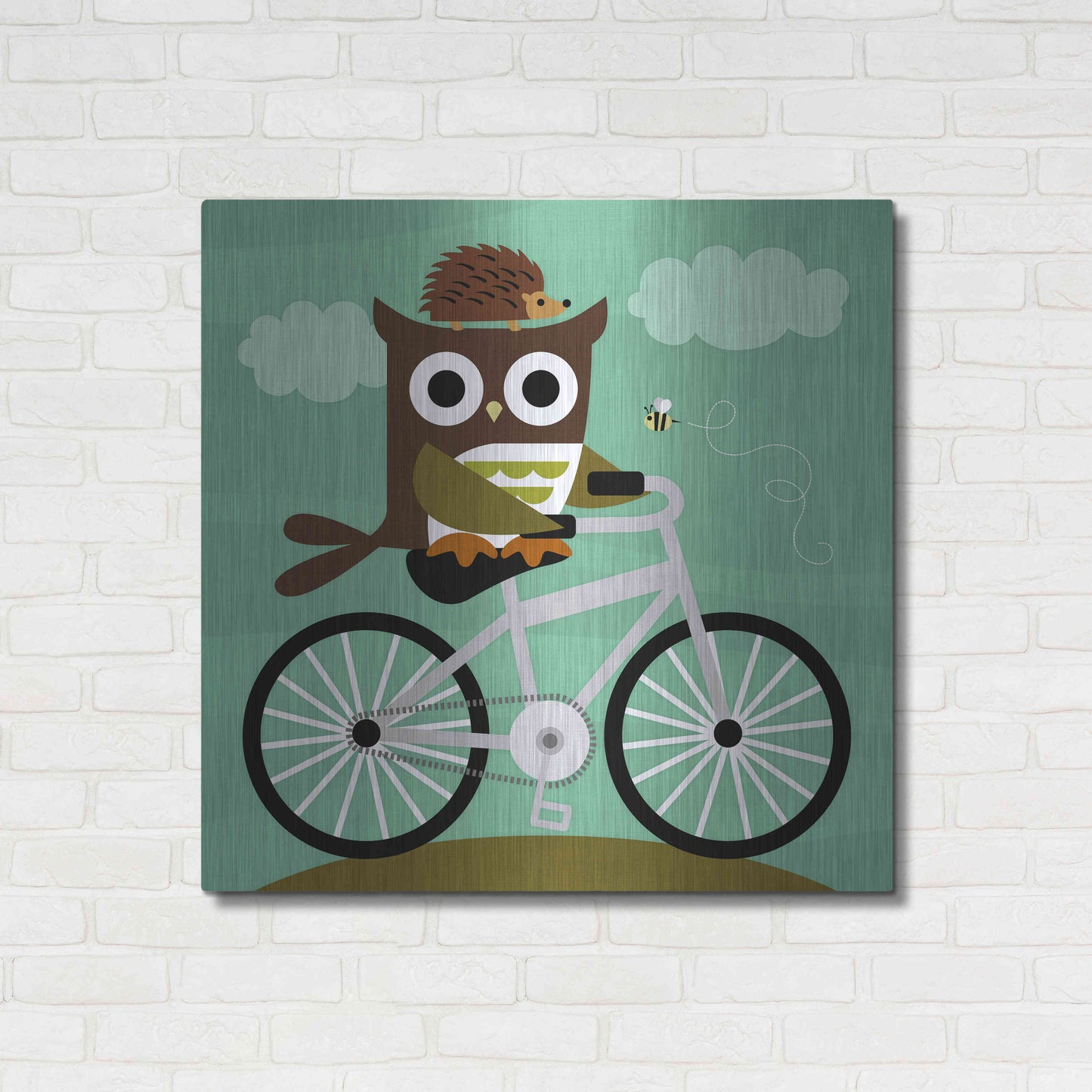 Luxe Metal Art 'Owl and Hedgehog on Bicycle' by Nancy Lee, Metal Wall Art,36x36