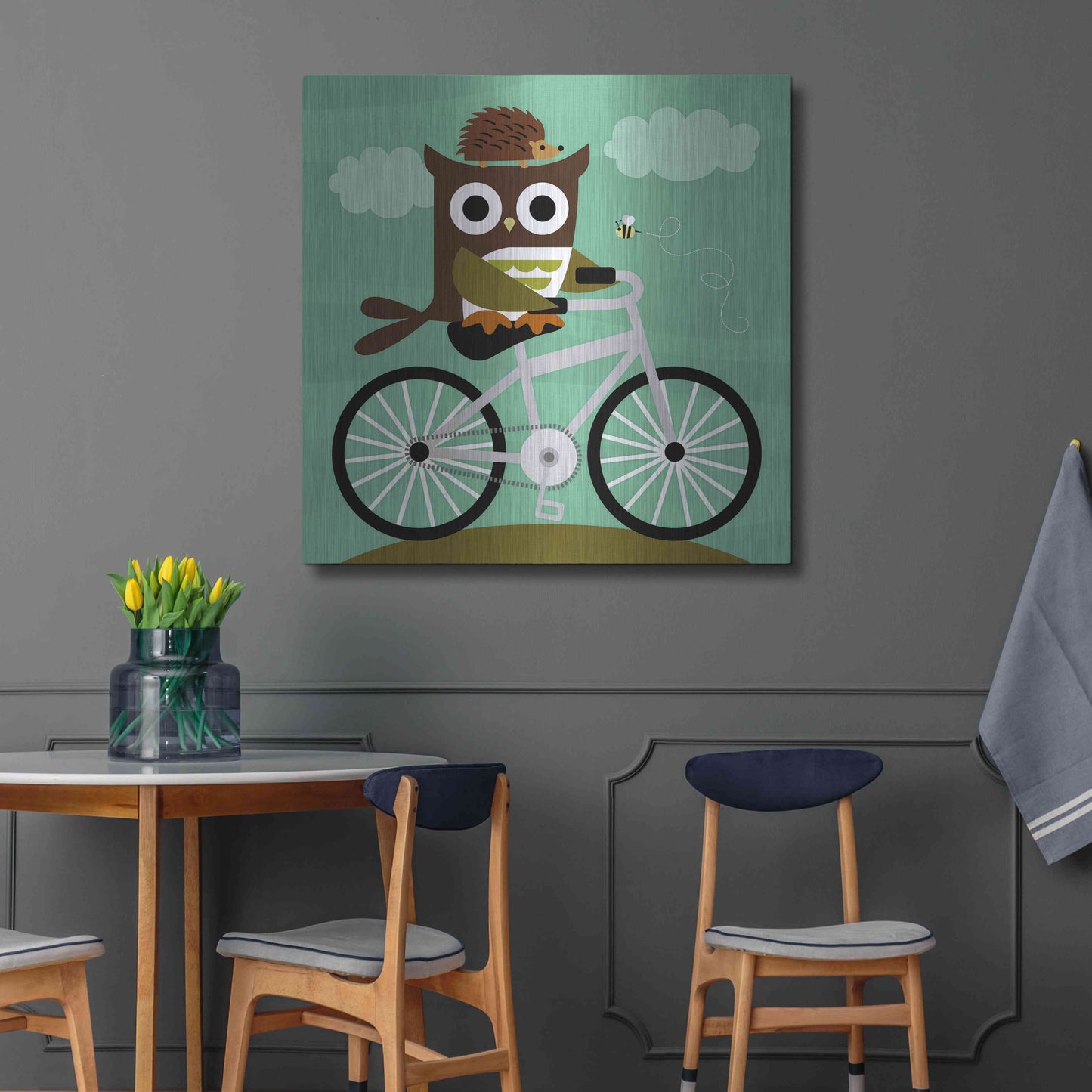 Luxe Metal Art 'Owl and Hedgehog on Bicycle' by Nancy Lee, Metal Wall Art,36x36