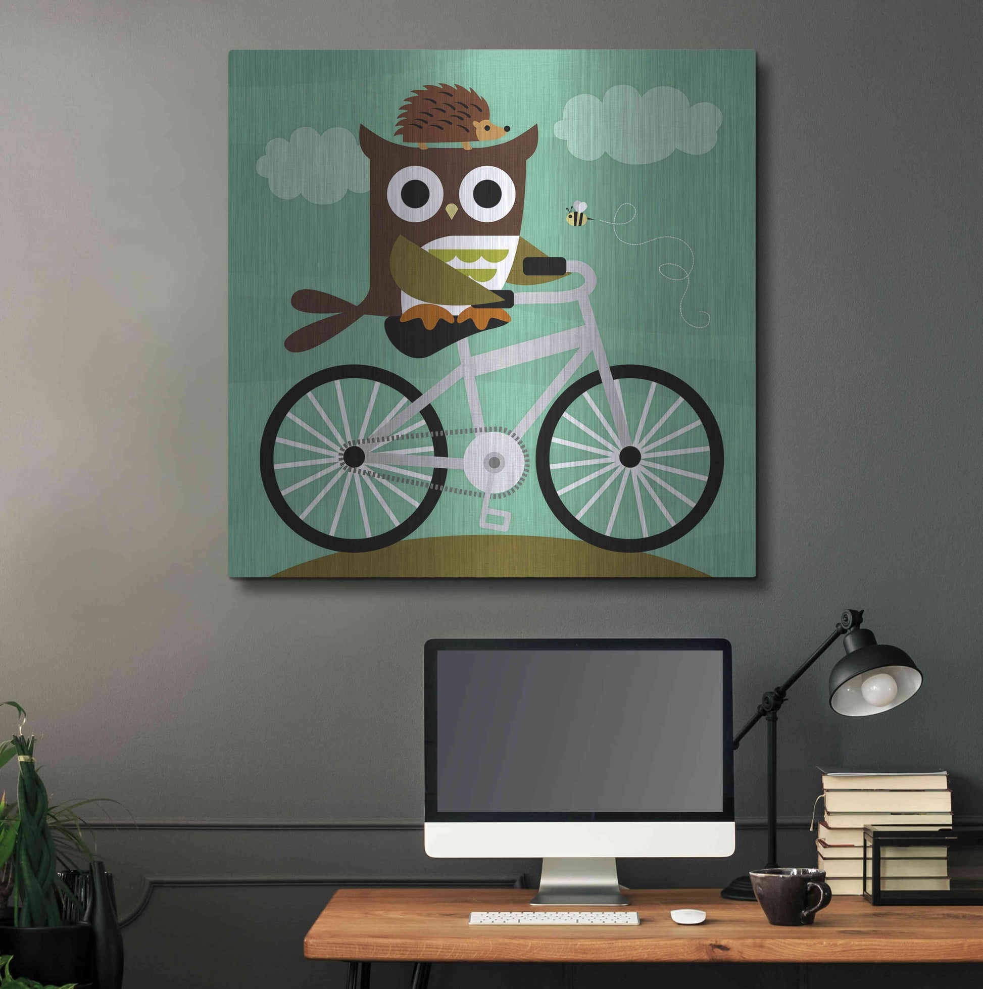 Luxe Metal Art 'Owl and Hedgehog on Bicycle' by Nancy Lee, Metal Wall Art,36x36