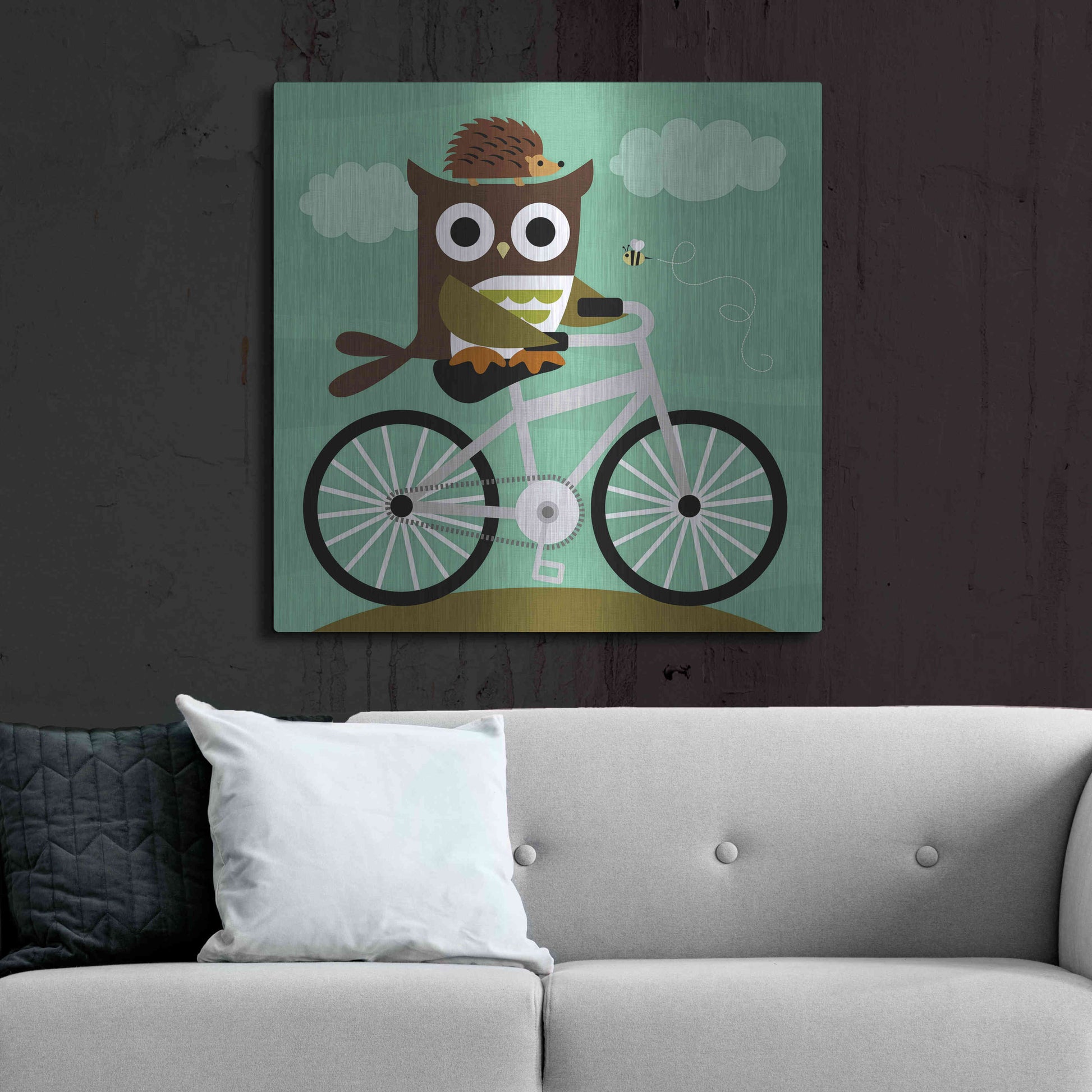 Luxe Metal Art 'Owl and Hedgehog on Bicycle' by Nancy Lee, Metal Wall Art,36x36