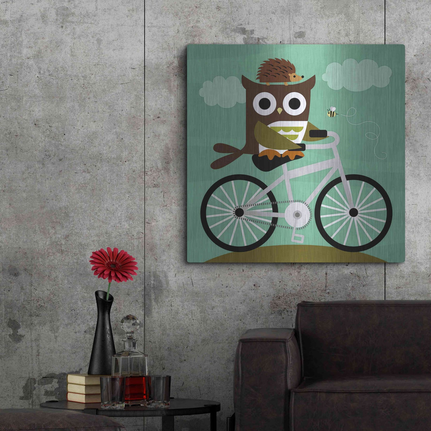 Luxe Metal Art 'Owl and Hedgehog on Bicycle' by Nancy Lee, Metal Wall Art,36x36