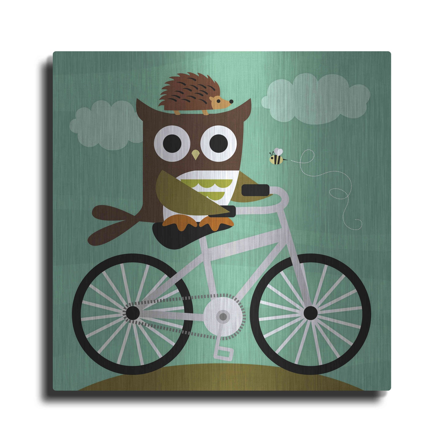 Luxe Metal Art 'Owl and Hedgehog on Bicycle' by Nancy Lee, Metal Wall Art