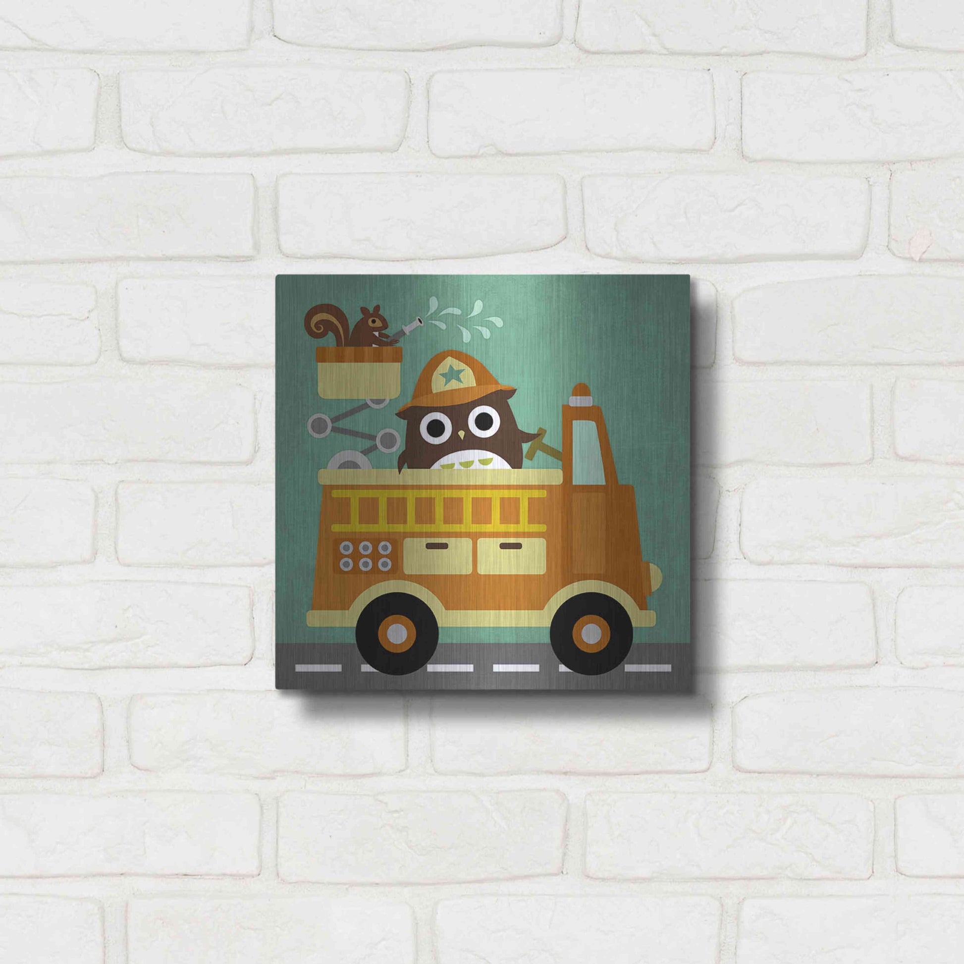 Luxe Metal Art 'Owl in Firetruck and Squirrel' by Nancy Lee, Metal Wall Art,12x12