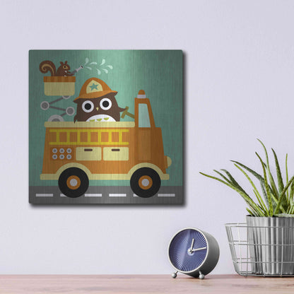 Luxe Metal Art 'Owl in Firetruck and Squirrel' by Nancy Lee, Metal Wall Art,12x12