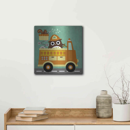 Luxe Metal Art 'Owl in Firetruck and Squirrel' by Nancy Lee, Metal Wall Art,12x12