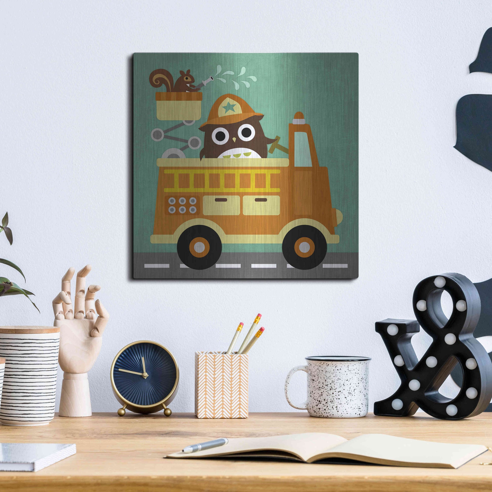 Luxe Metal Art 'Owl in Firetruck and Squirrel' by Nancy Lee, Metal Wall Art,12x12