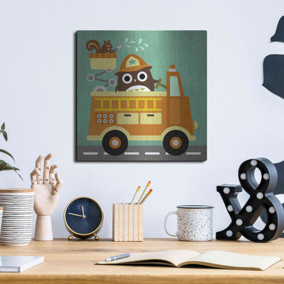 Luxe Metal Art 'Owl in Firetruck and Squirrel' by Nancy Lee, Metal Wall Art,12x12