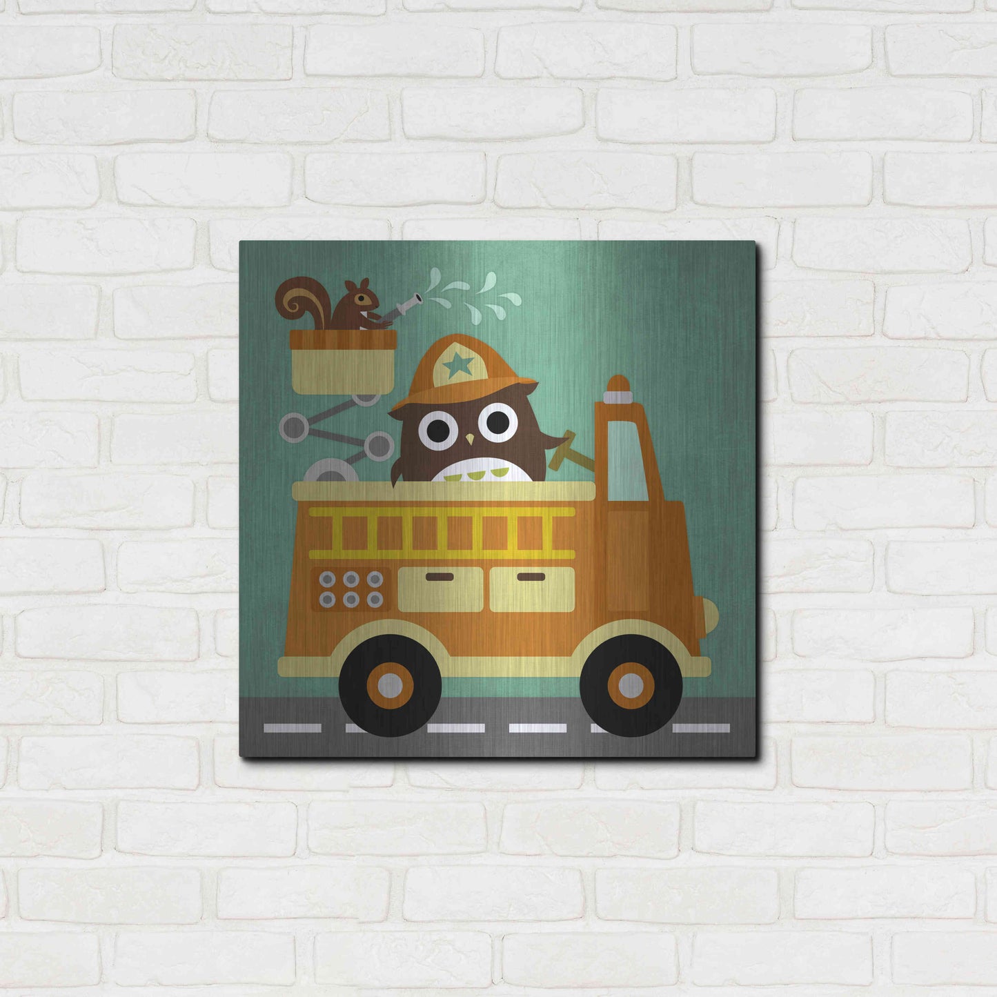 Luxe Metal Art 'Owl in Firetruck and Squirrel' by Nancy Lee, Metal Wall Art,24x24