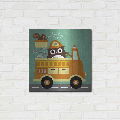 Luxe Metal Art 'Owl in Firetruck and Squirrel' by Nancy Lee, Metal Wall Art,24x24