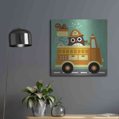 Luxe Metal Art 'Owl in Firetruck and Squirrel' by Nancy Lee, Metal Wall Art,24x24