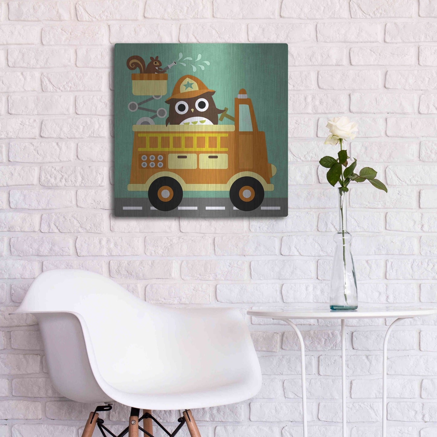 Luxe Metal Art 'Owl in Firetruck and Squirrel' by Nancy Lee, Metal Wall Art,24x24