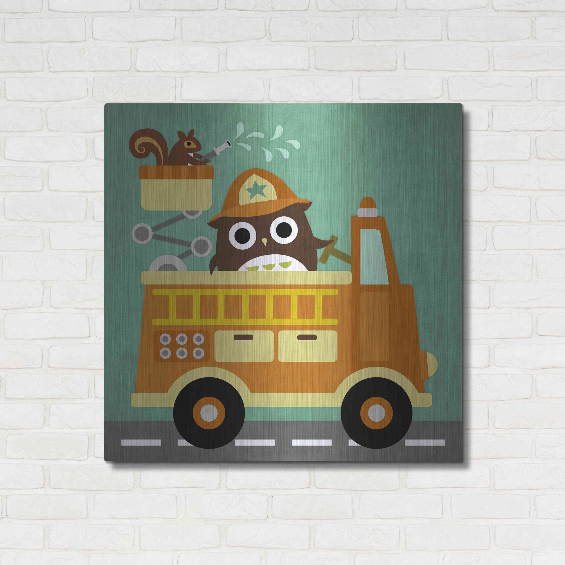 Luxe Metal Art 'Owl in Firetruck and Squirrel' by Nancy Lee, Metal Wall Art,36x36