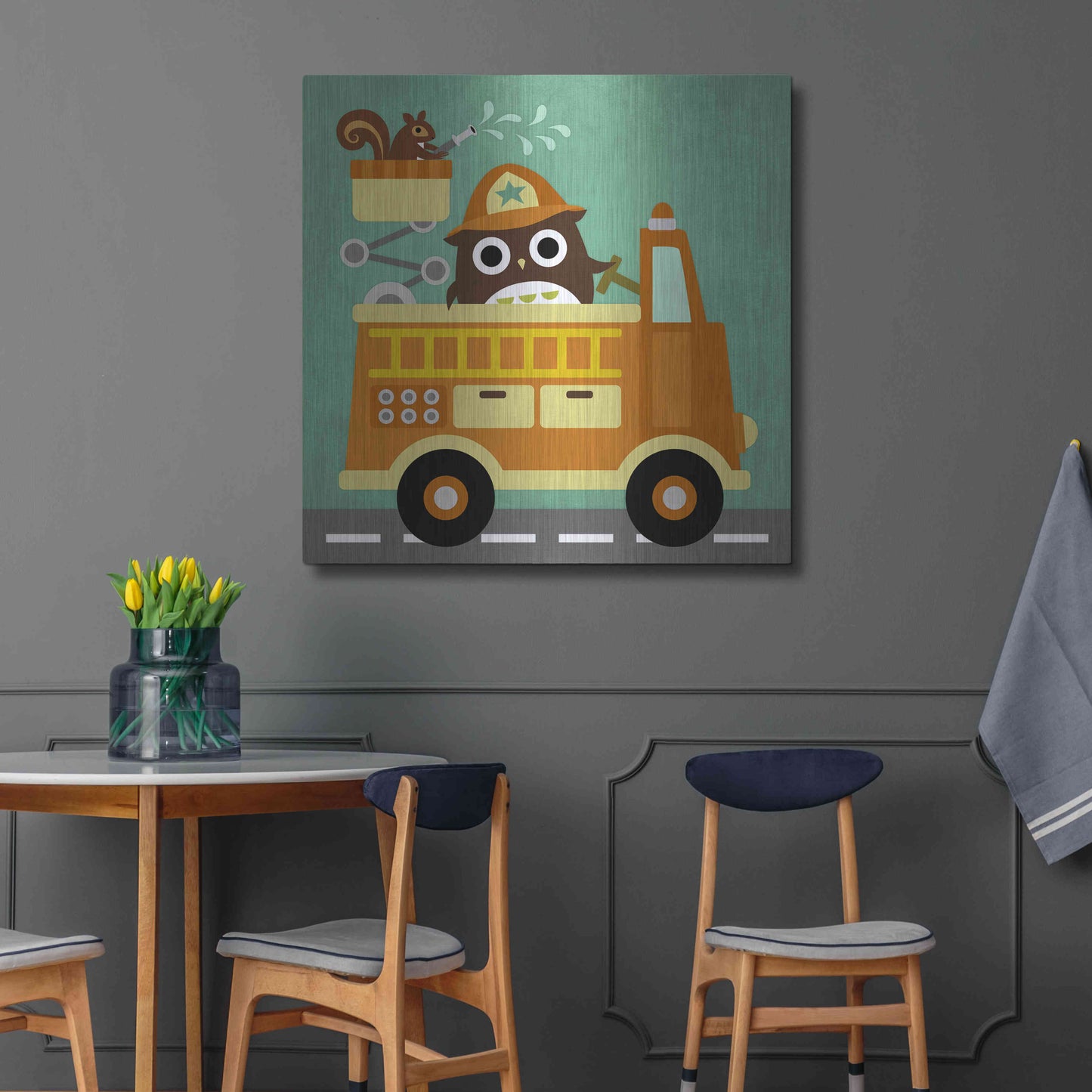 Luxe Metal Art 'Owl in Firetruck and Squirrel' by Nancy Lee, Metal Wall Art,36x36