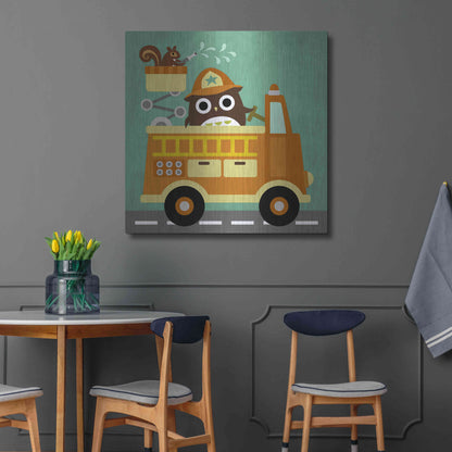 Luxe Metal Art 'Owl in Firetruck and Squirrel' by Nancy Lee, Metal Wall Art,36x36