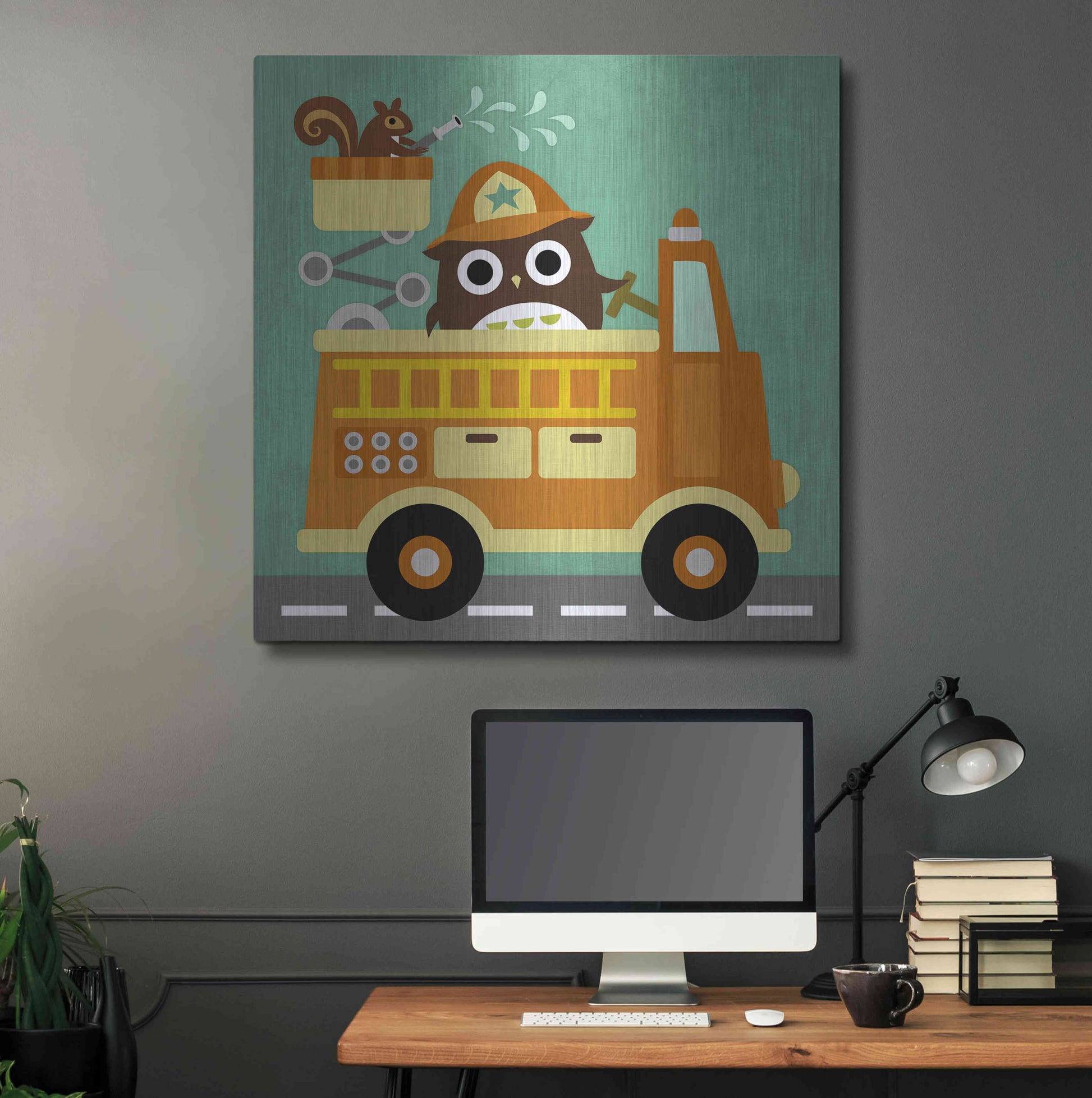 Luxe Metal Art 'Owl in Firetruck and Squirrel' by Nancy Lee, Metal Wall Art,36x36