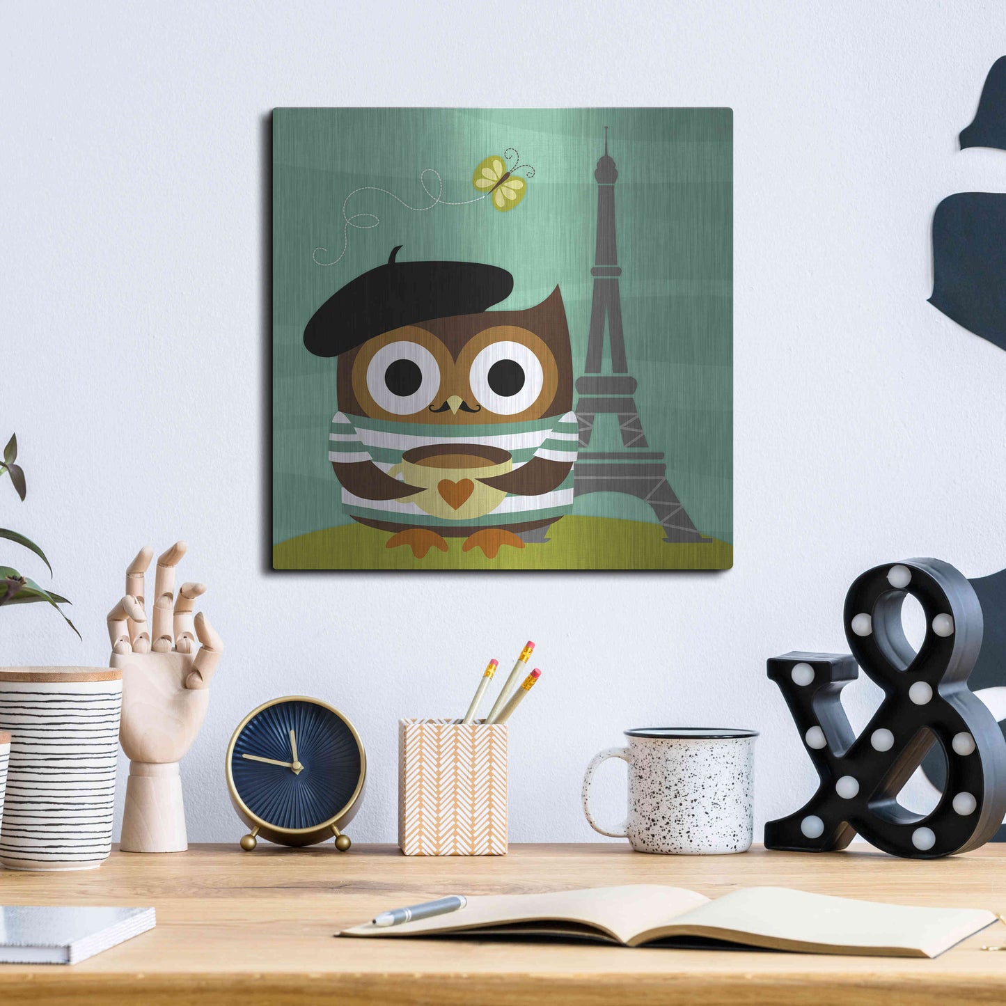 Luxe Metal Art 'Owl in Paris' by Nancy Lee, Metal Wall Art,12x12