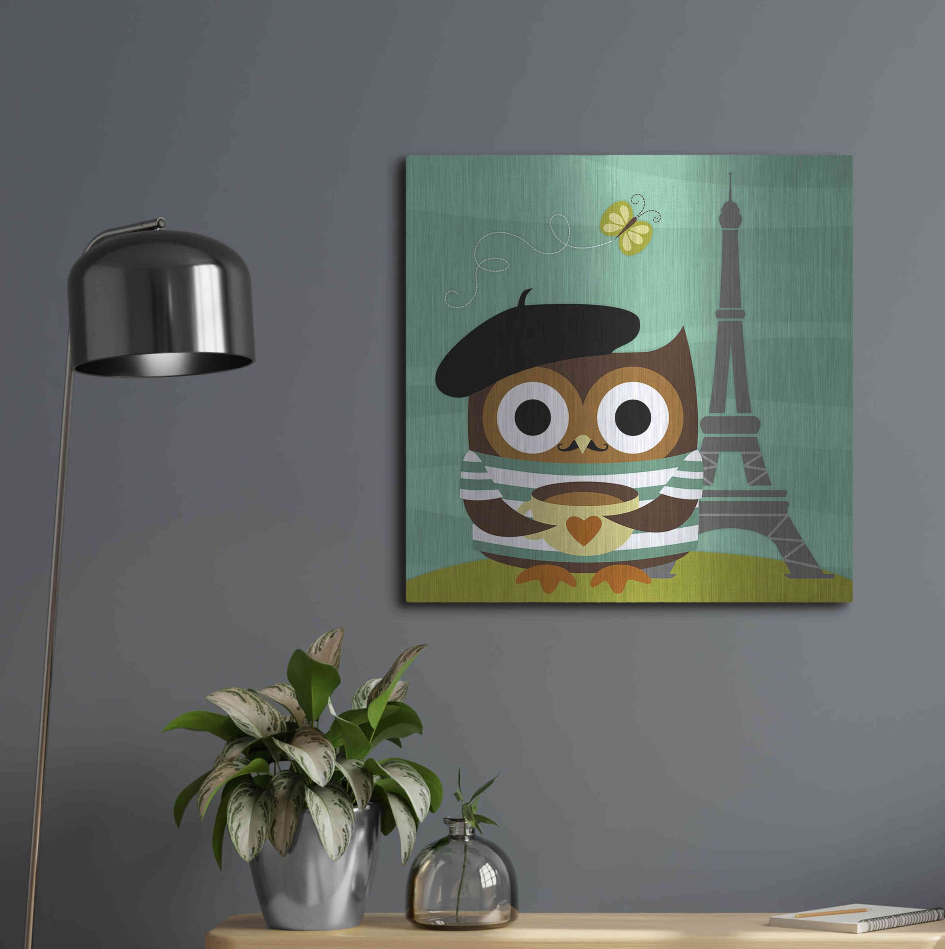 Luxe Metal Art 'Owl in Paris' by Nancy Lee, Metal Wall Art,24x24