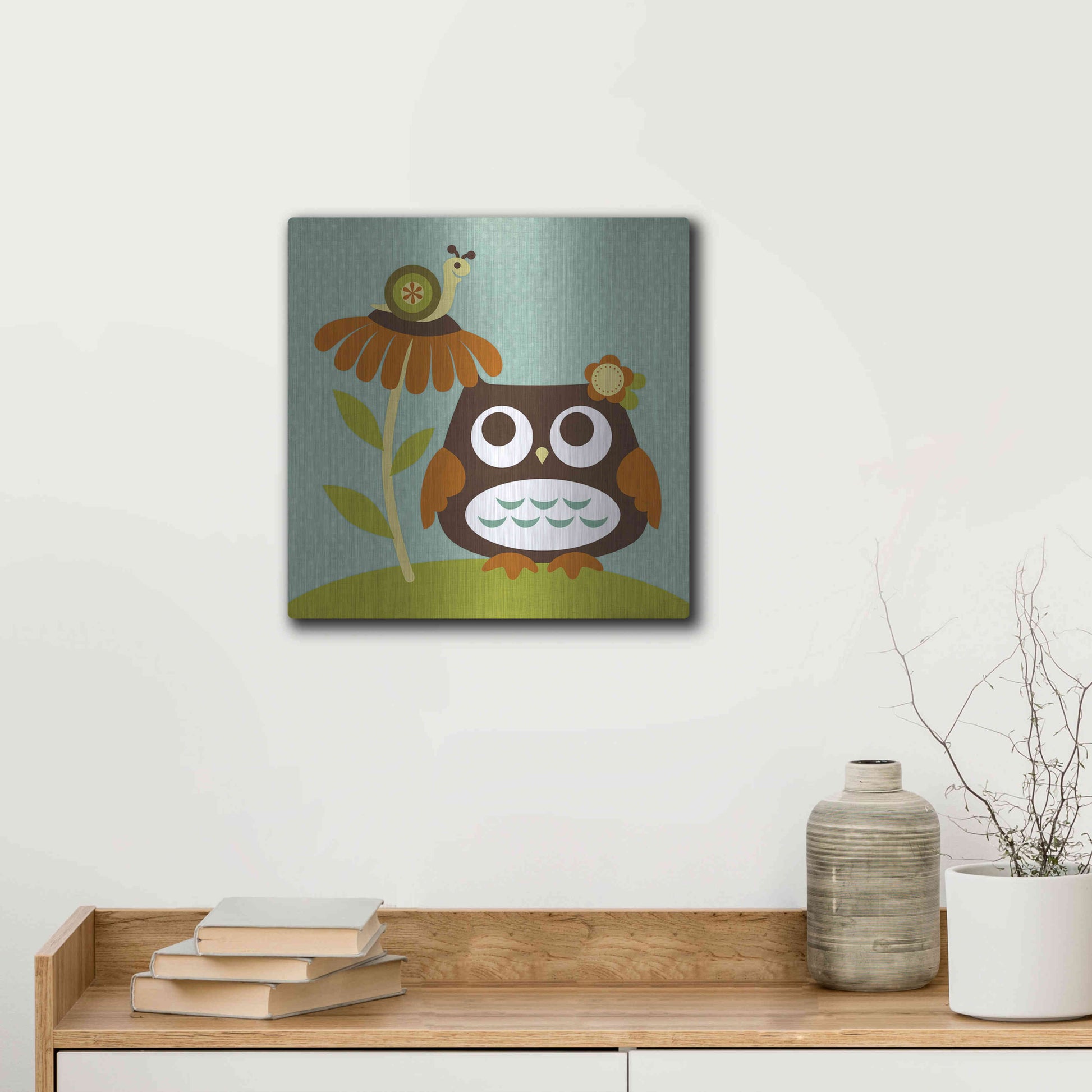 Luxe Metal Art 'Owl Looking at Snail' by Nancy Lee, Metal Wall Art,12x12