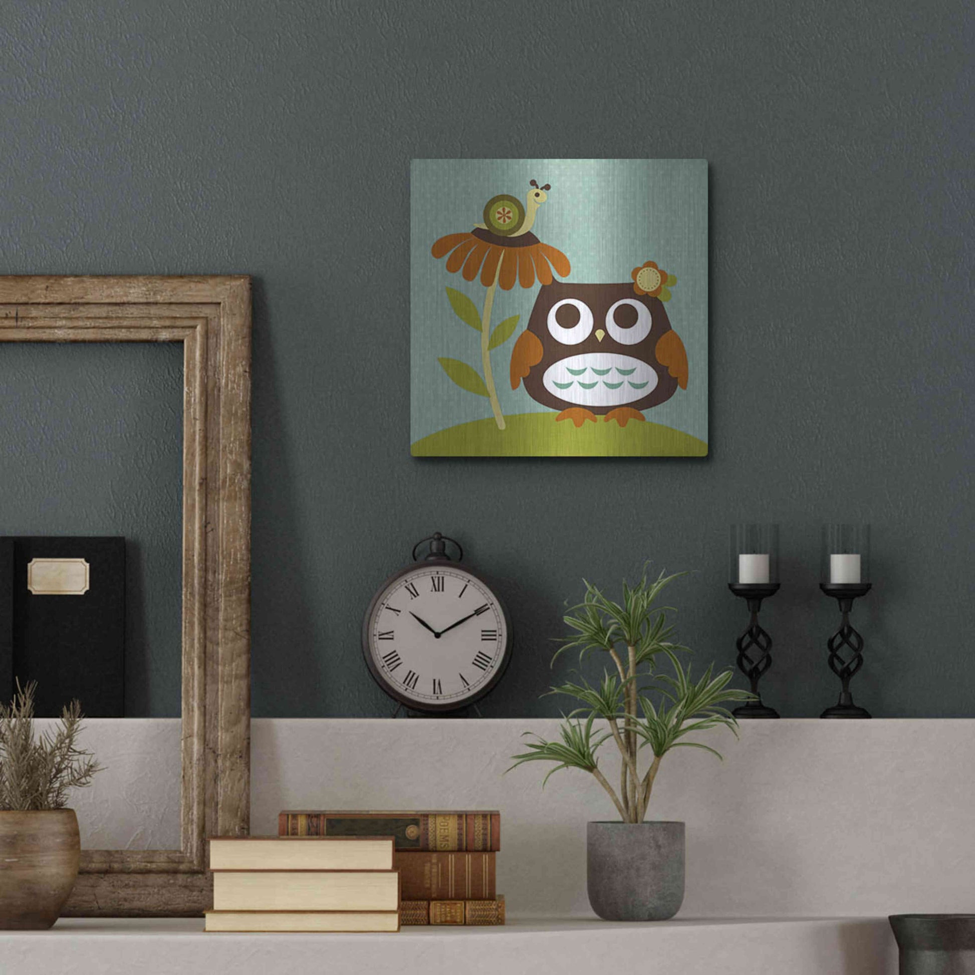 Luxe Metal Art 'Owl Looking at Snail' by Nancy Lee, Metal Wall Art,12x12