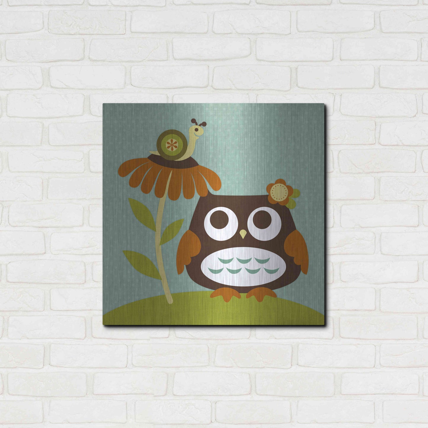 Luxe Metal Art 'Owl Looking at Snail' by Nancy Lee, Metal Wall Art,24x24