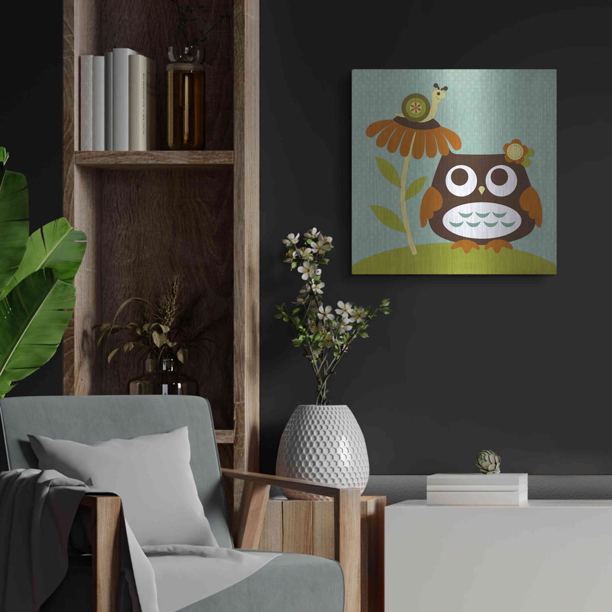 Luxe Metal Art 'Owl Looking at Snail' by Nancy Lee, Metal Wall Art,24x24