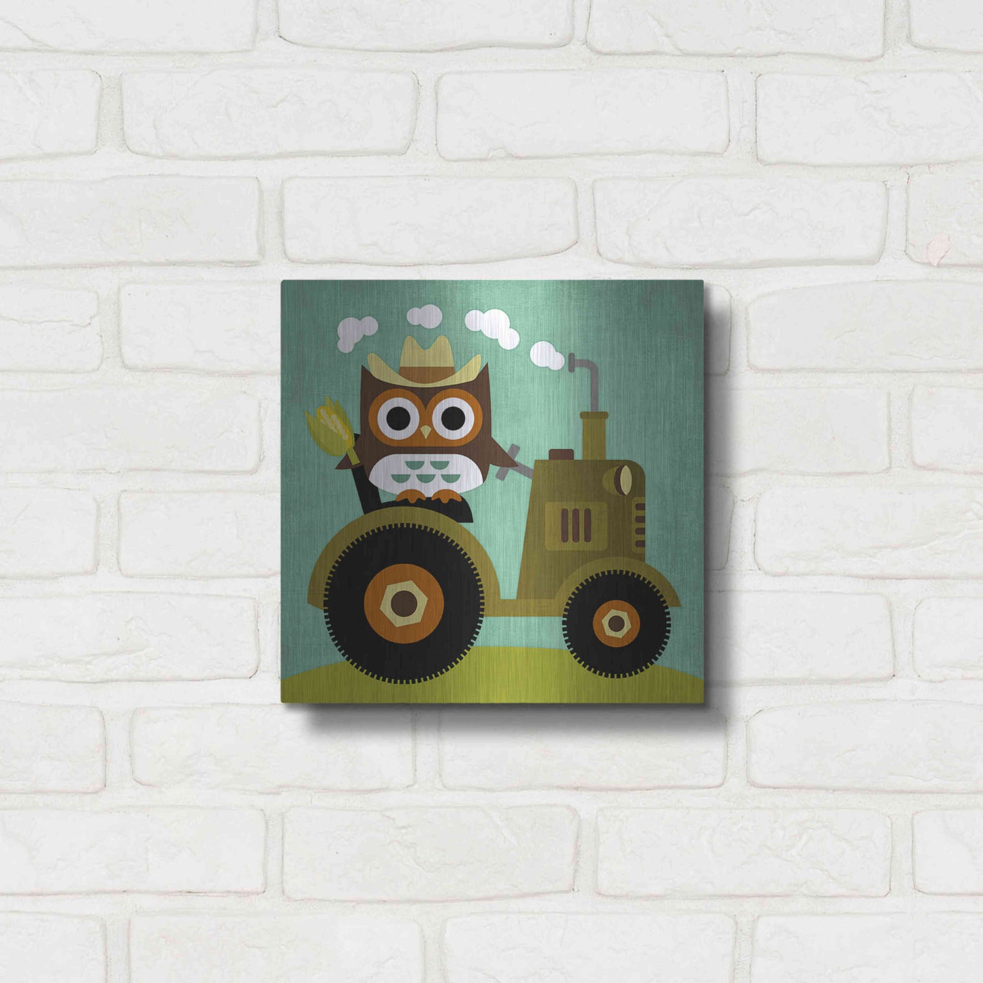 Luxe Metal Art 'Owl on Tractor' by Nancy Lee, Metal Wall Art,12x12