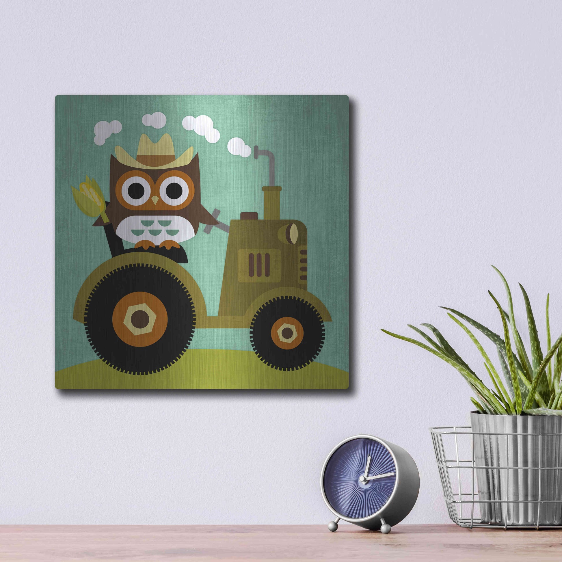 Luxe Metal Art 'Owl on Tractor' by Nancy Lee, Metal Wall Art,12x12