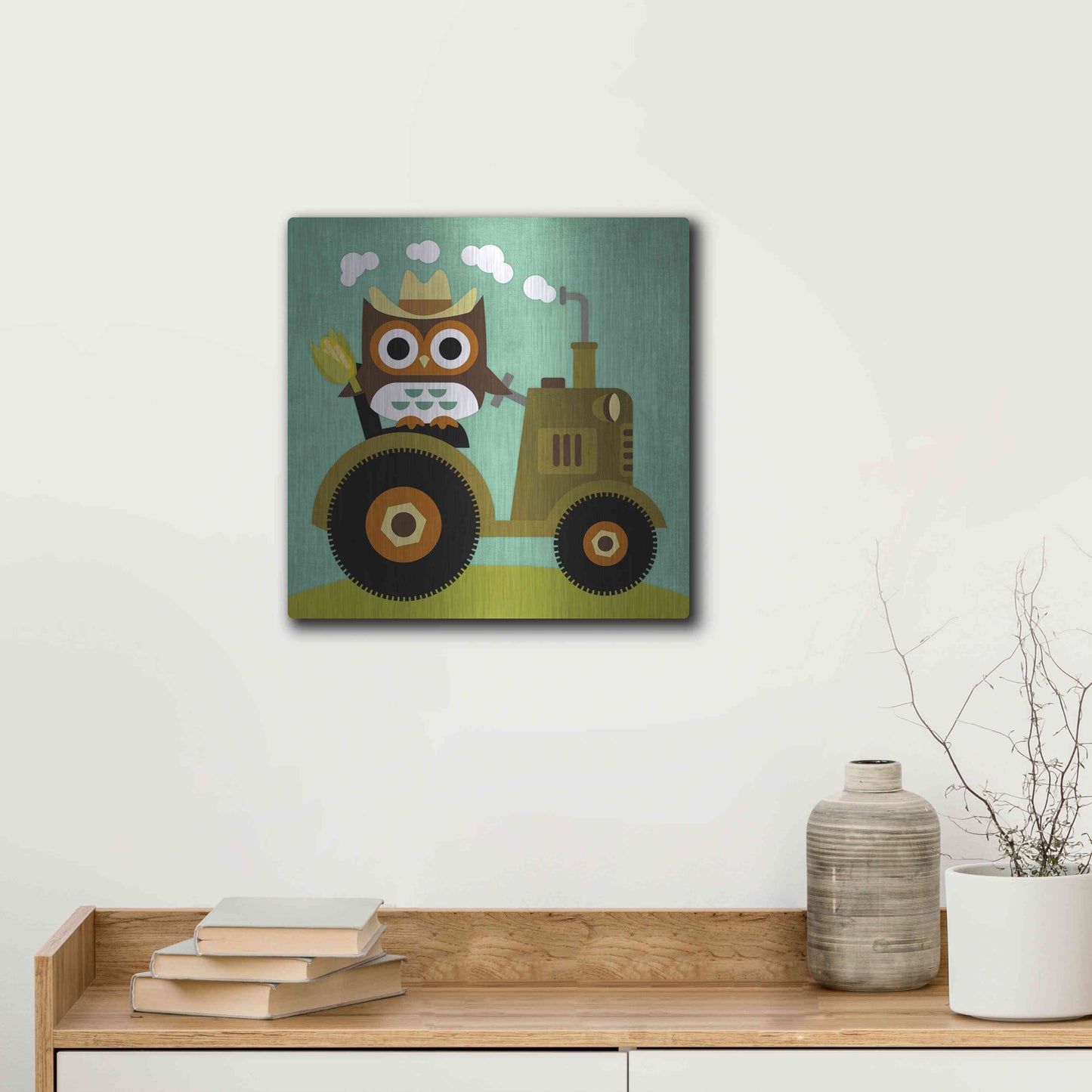 Luxe Metal Art 'Owl on Tractor' by Nancy Lee, Metal Wall Art,12x12