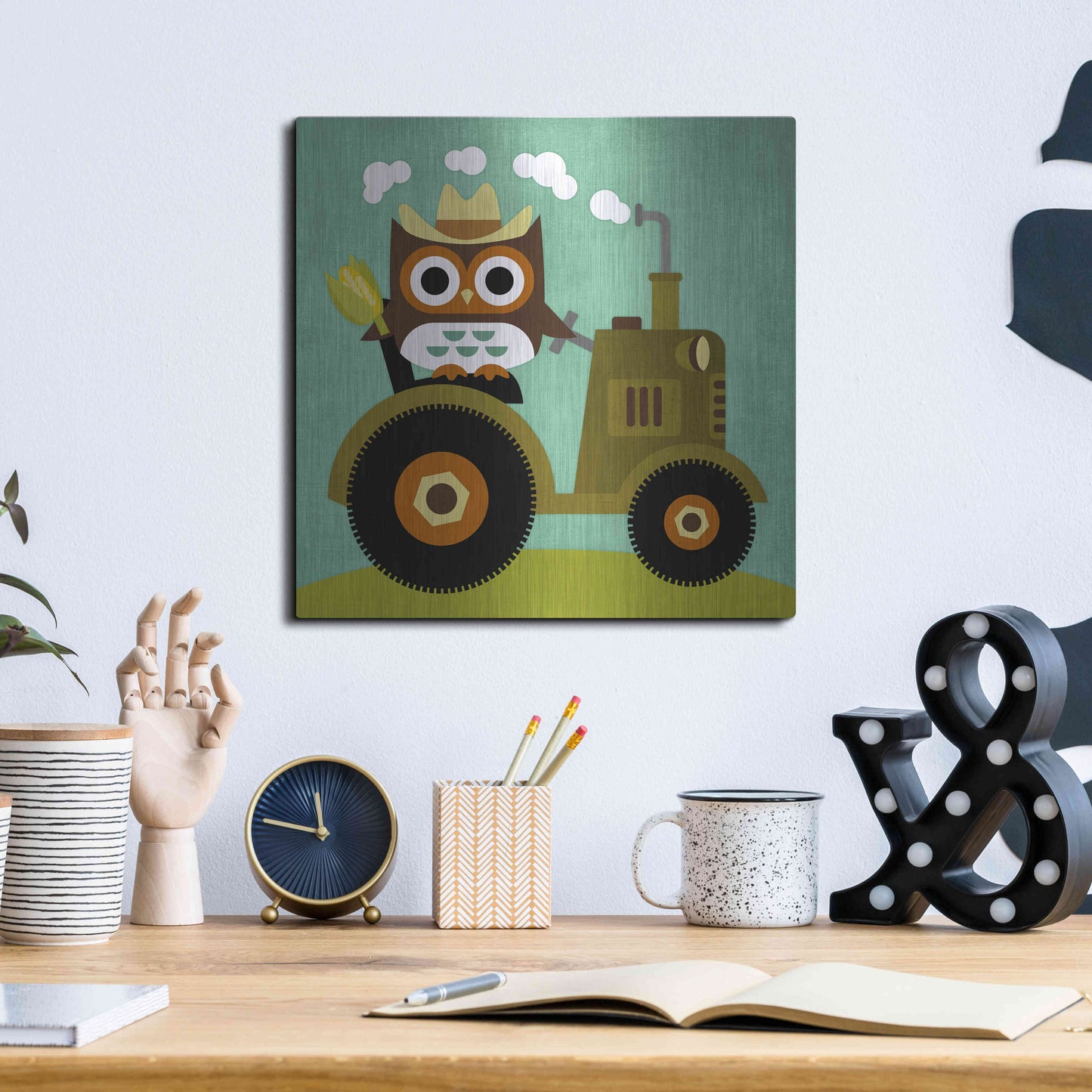 Luxe Metal Art 'Owl on Tractor' by Nancy Lee, Metal Wall Art,12x12