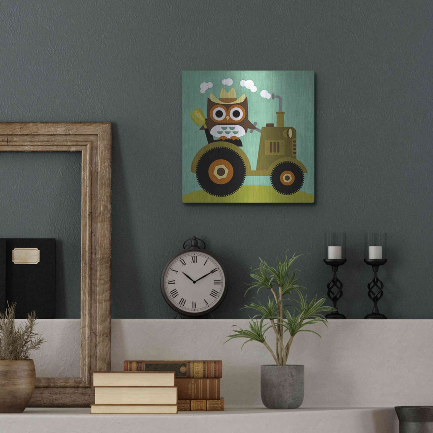 Luxe Metal Art 'Owl on Tractor' by Nancy Lee, Metal Wall Art,12x12