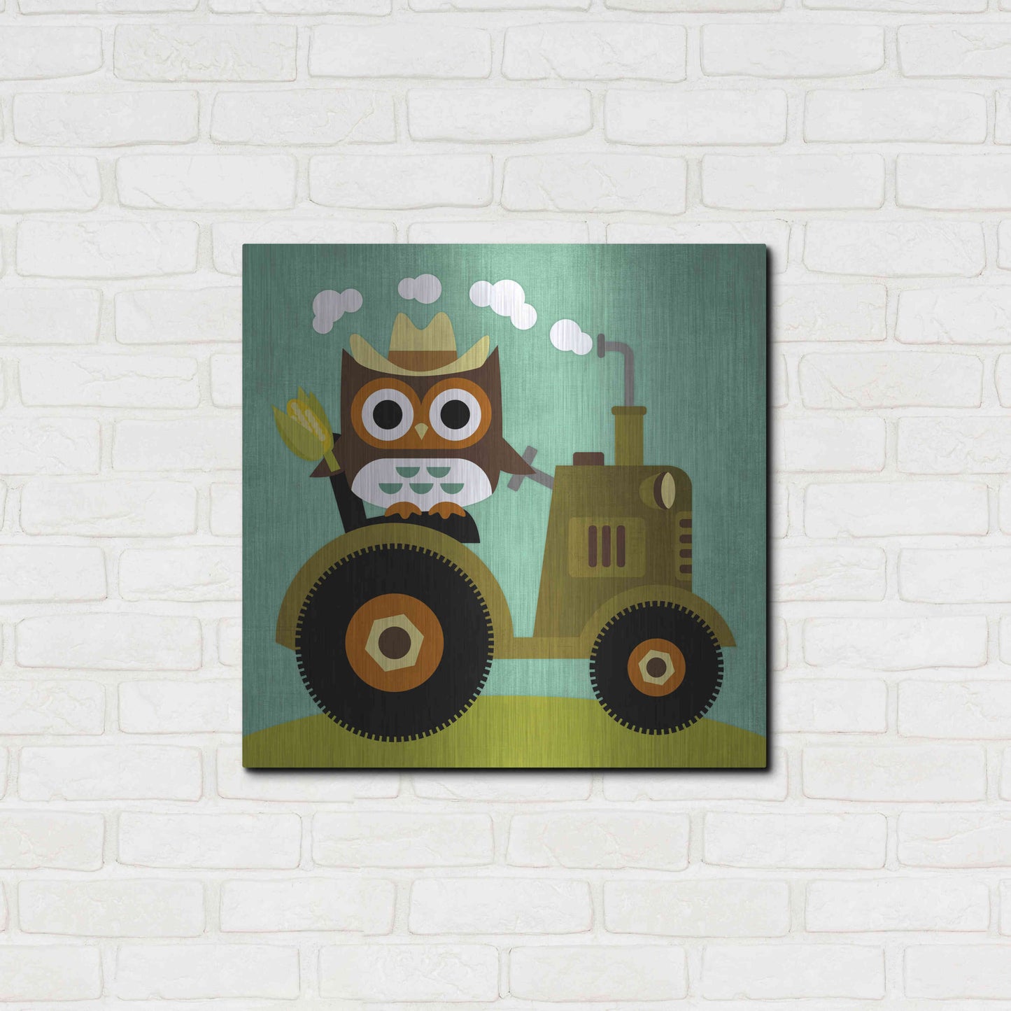 Luxe Metal Art 'Owl on Tractor' by Nancy Lee, Metal Wall Art,24x24