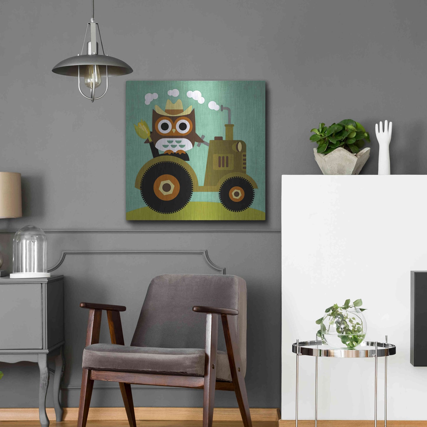 Luxe Metal Art 'Owl on Tractor' by Nancy Lee, Metal Wall Art,24x24