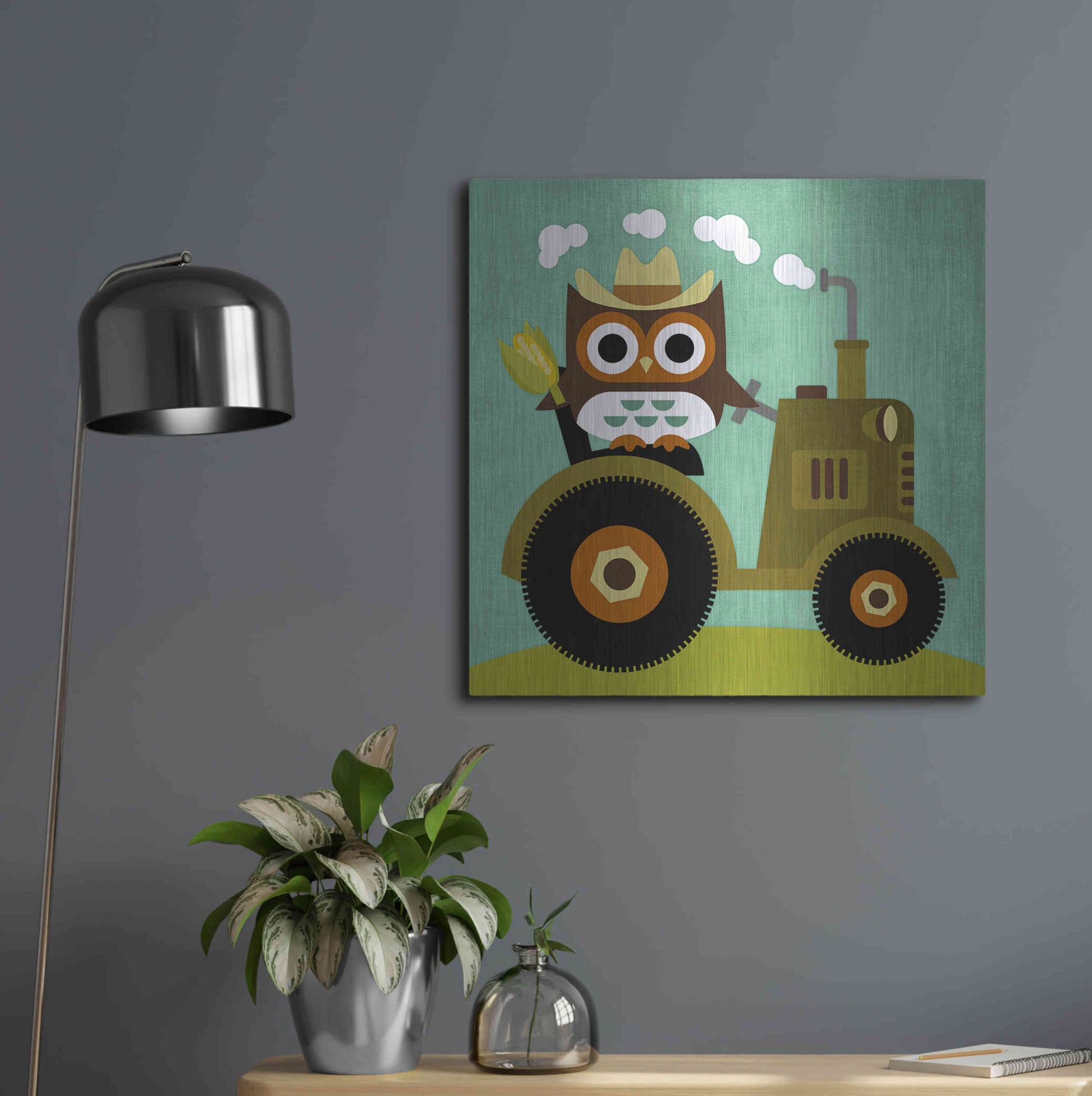 Luxe Metal Art 'Owl on Tractor' by Nancy Lee, Metal Wall Art,24x24