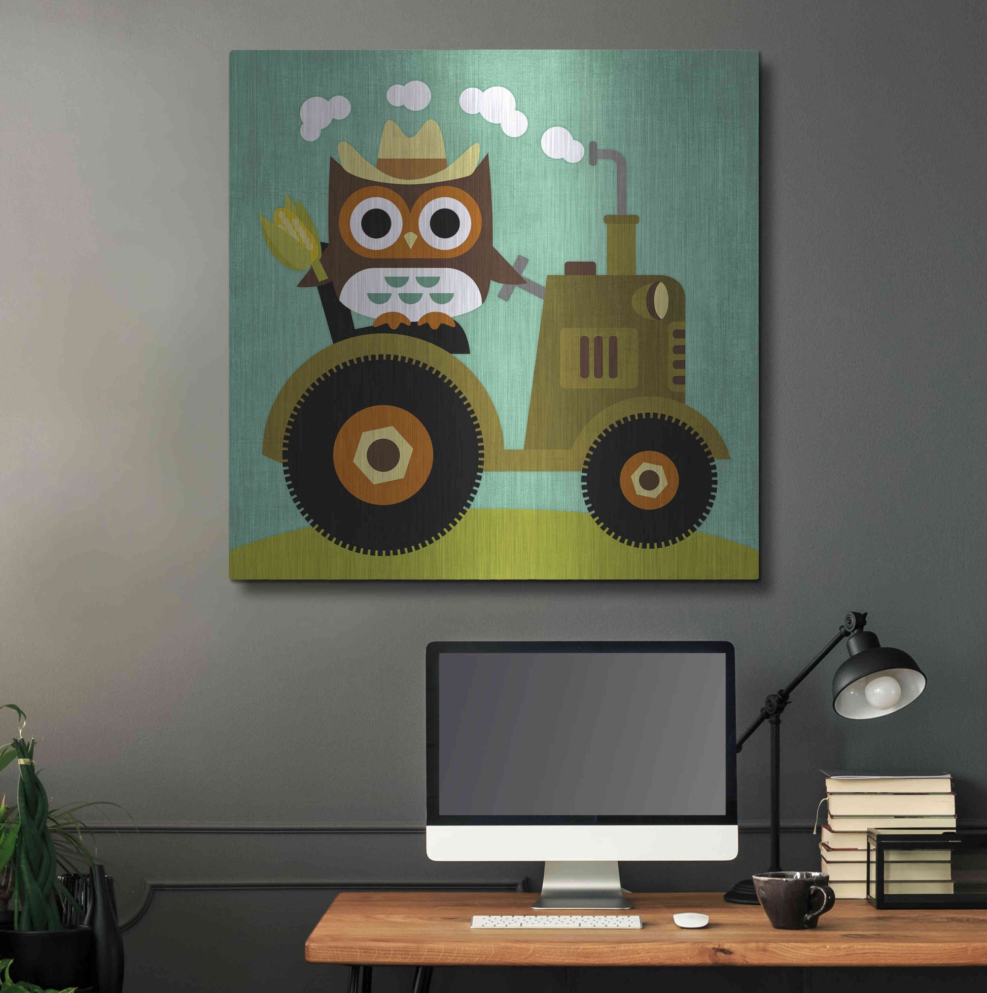 Luxe Metal Art 'Owl on Tractor' by Nancy Lee, Metal Wall Art,36x36