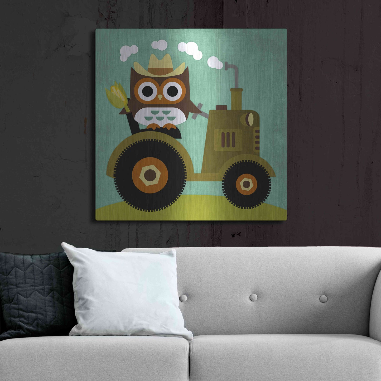 Luxe Metal Art 'Owl on Tractor' by Nancy Lee, Metal Wall Art,36x36