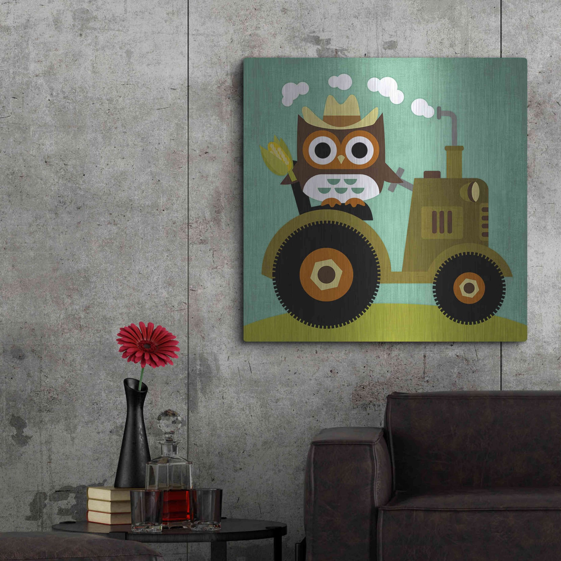 Luxe Metal Art 'Owl on Tractor' by Nancy Lee, Metal Wall Art,36x36