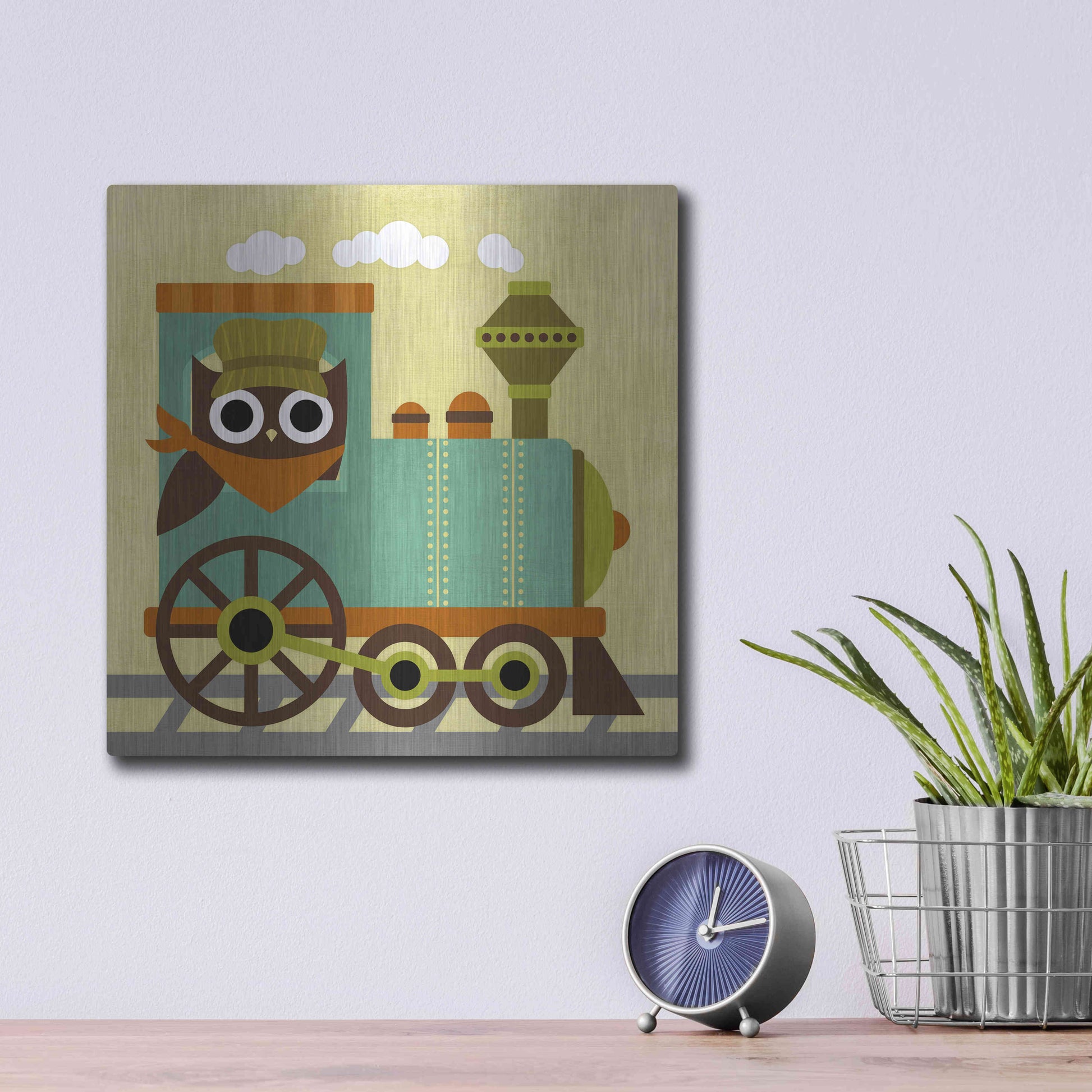 Luxe Metal Art 'Owl Train Conductor' by Nancy Lee, Metal Wall Art,12x12