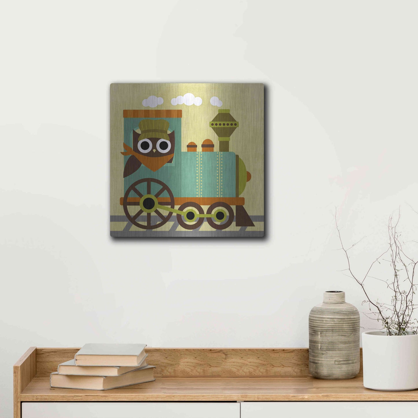 Luxe Metal Art 'Owl Train Conductor' by Nancy Lee, Metal Wall Art,12x12