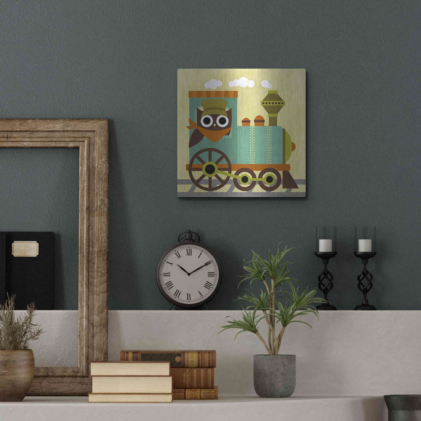 Luxe Metal Art 'Owl Train Conductor' by Nancy Lee, Metal Wall Art,12x12